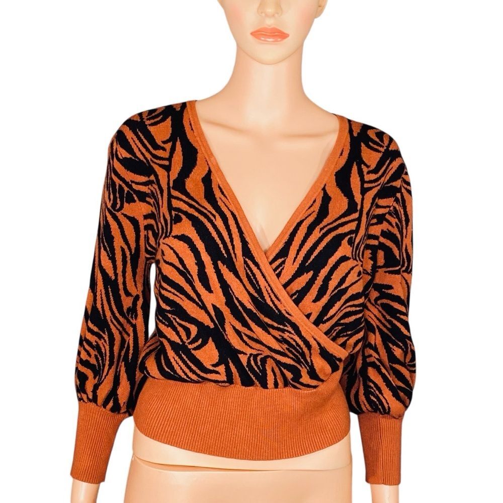 NY & CO Cropped Cardigan Y2K 90s Animal Print Burnt Orange Black SZ Med